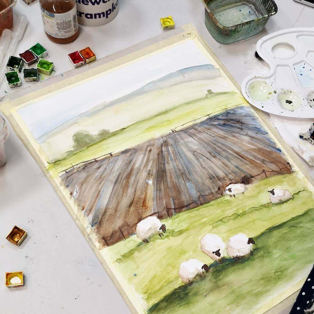 Malujemy pole z owcami akwarelą.