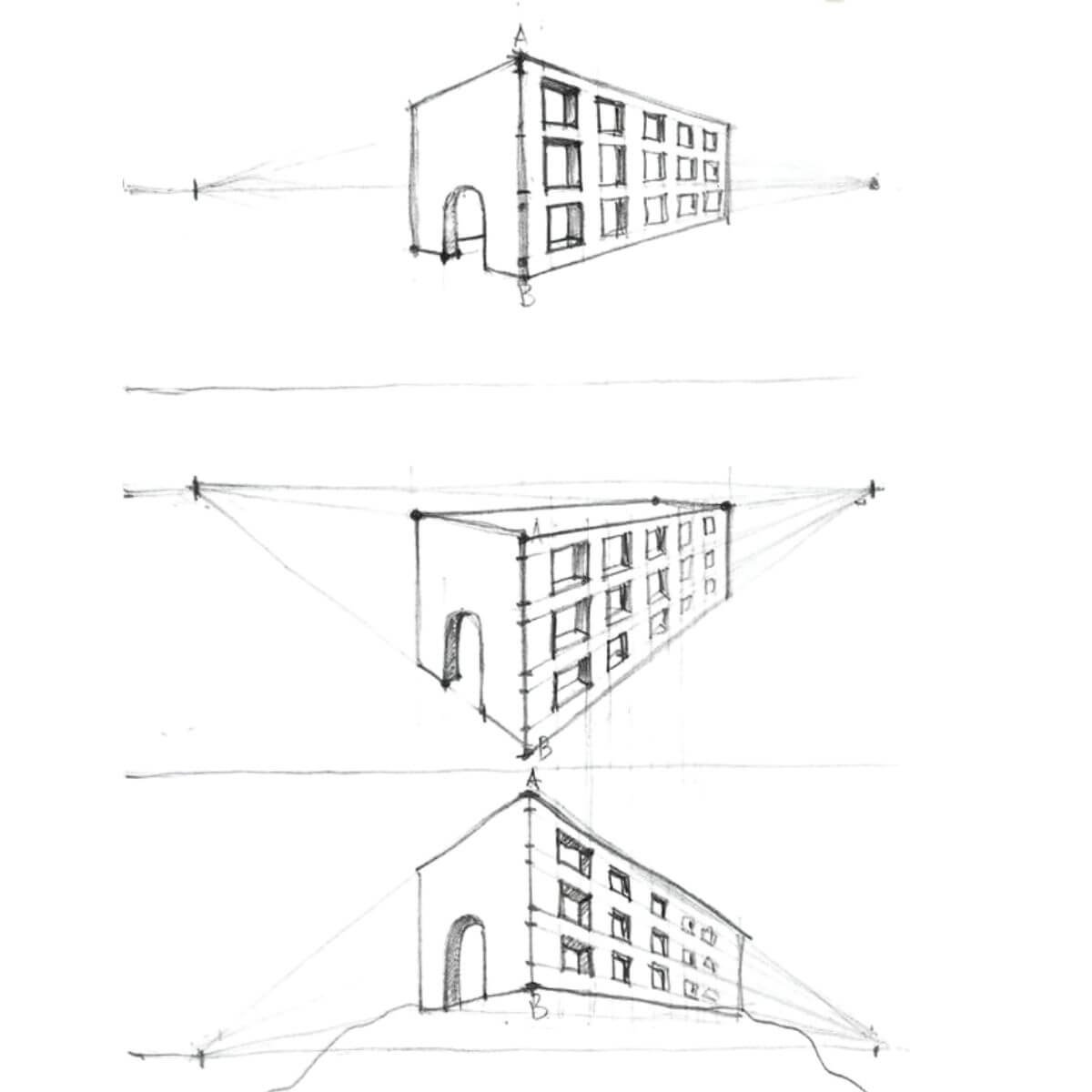 Jak rysować budynek w perspektywie dwuzbiegowej w trzech różnych liniach horyzontu?